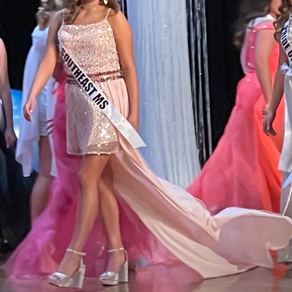 Fun fashion blush pink sequin cocktail, size L, custom belted overskirt. - Picture 2 of 4